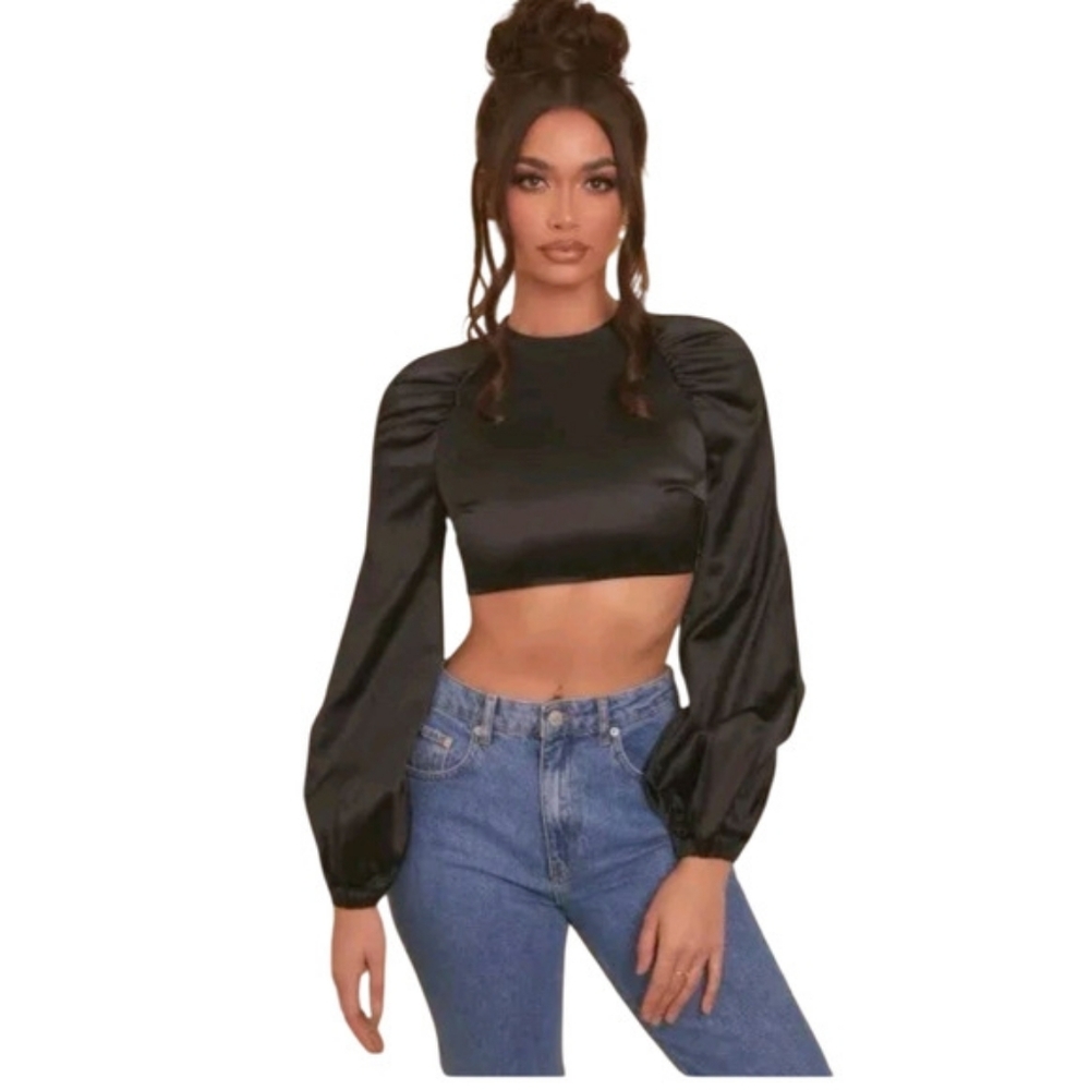 Black Satin Long Sleeve Crop Top